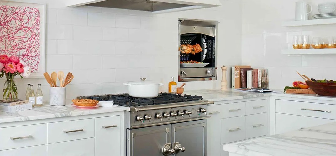 stainless steel La Cornue range in modern kitchen