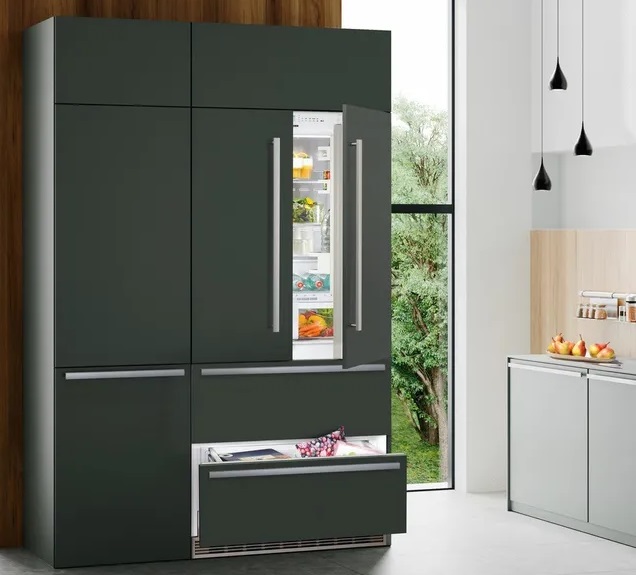 Grey panel french door refrigerator with two bottom freezer drawers