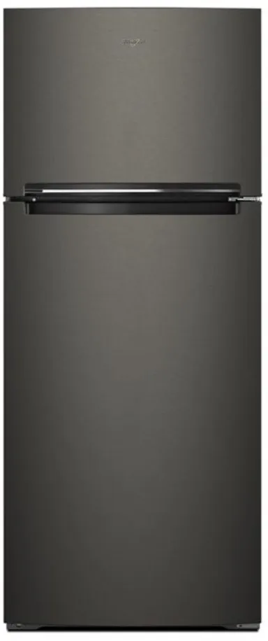 Front view of the Whirlpool WRT518SZKV black top freezer refrigerator 