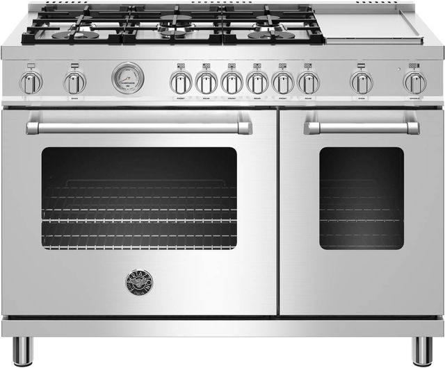 Stock photo of a stainless steel Bertazzoni brand 48-inch range with two ovens. 