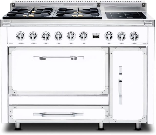 Stock photo of a white Viking brand 48-inch range with two ovens and extra drawer. 