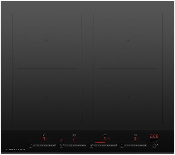  Stock photo of a black Fisher & Paykel brand induction cooktop with four square burners.