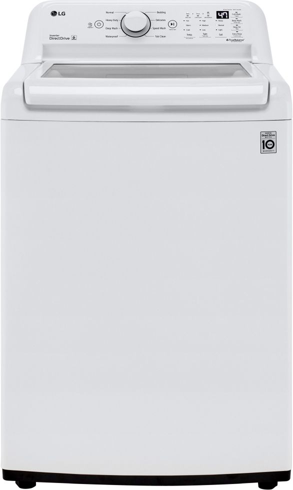 Stock photo of a white LG brand top load washer.