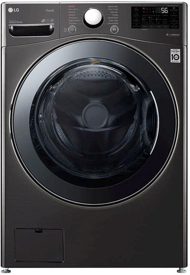 Stock photo of a black LG brand front load washer.