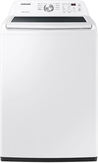 Stock photo of a white Samsung brand top load washer.