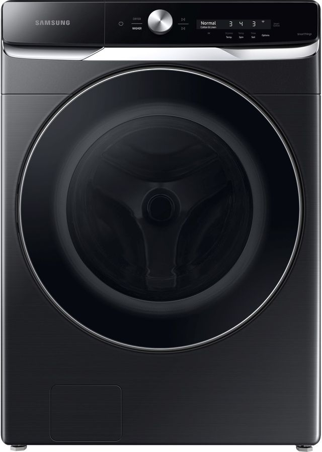 Stock photo of a black Samsung brand front load washer.