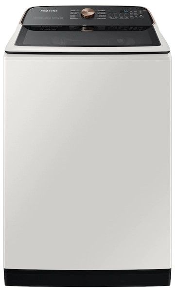 Stock photo of an ivory Samsung brand top load washer.