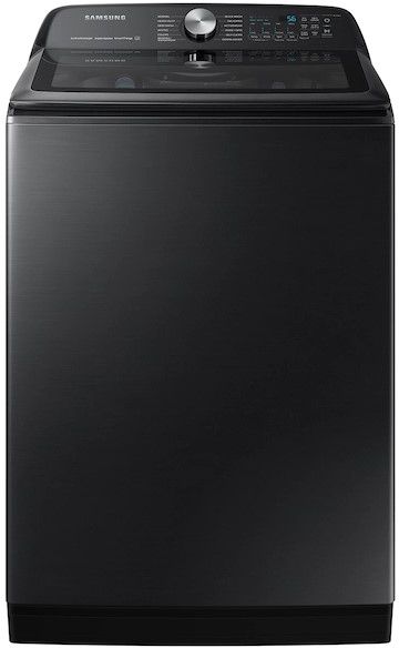 Stock photo of a white Samsung brand top load washer.
