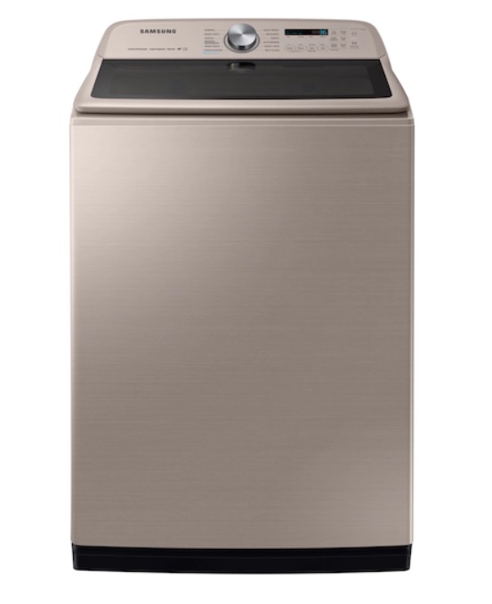 Stock photo of a champagne Samsung brand top load washer.