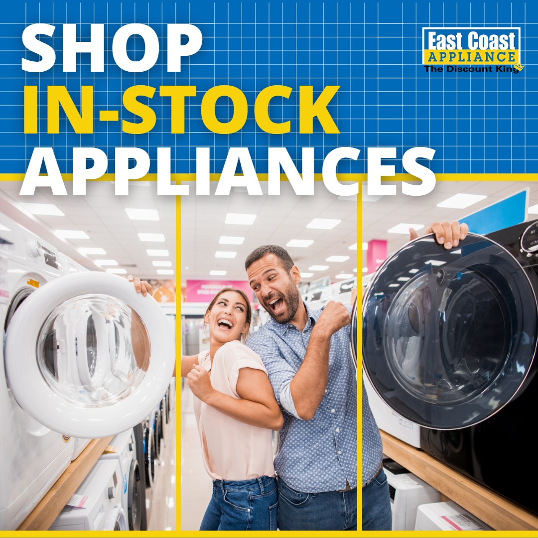 An East Coast Appliance ad of a man and woman smiling while shopping for laundry appliances 