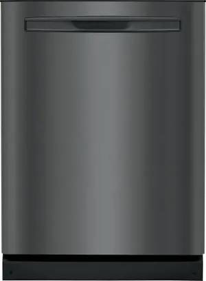 Front view of the Frigidaire Gallery FGIP2468UD black stainless steel dishwasher 