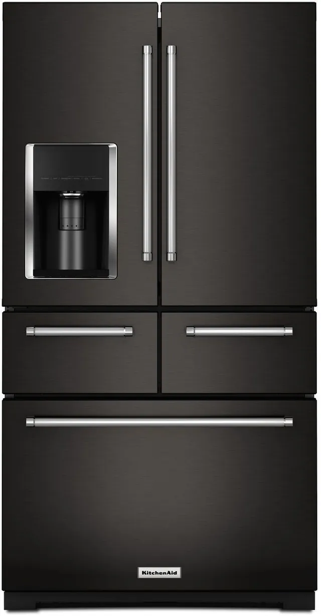 Front view of the KitchenAid KRMF706EBS black stainless French door refrigerator 