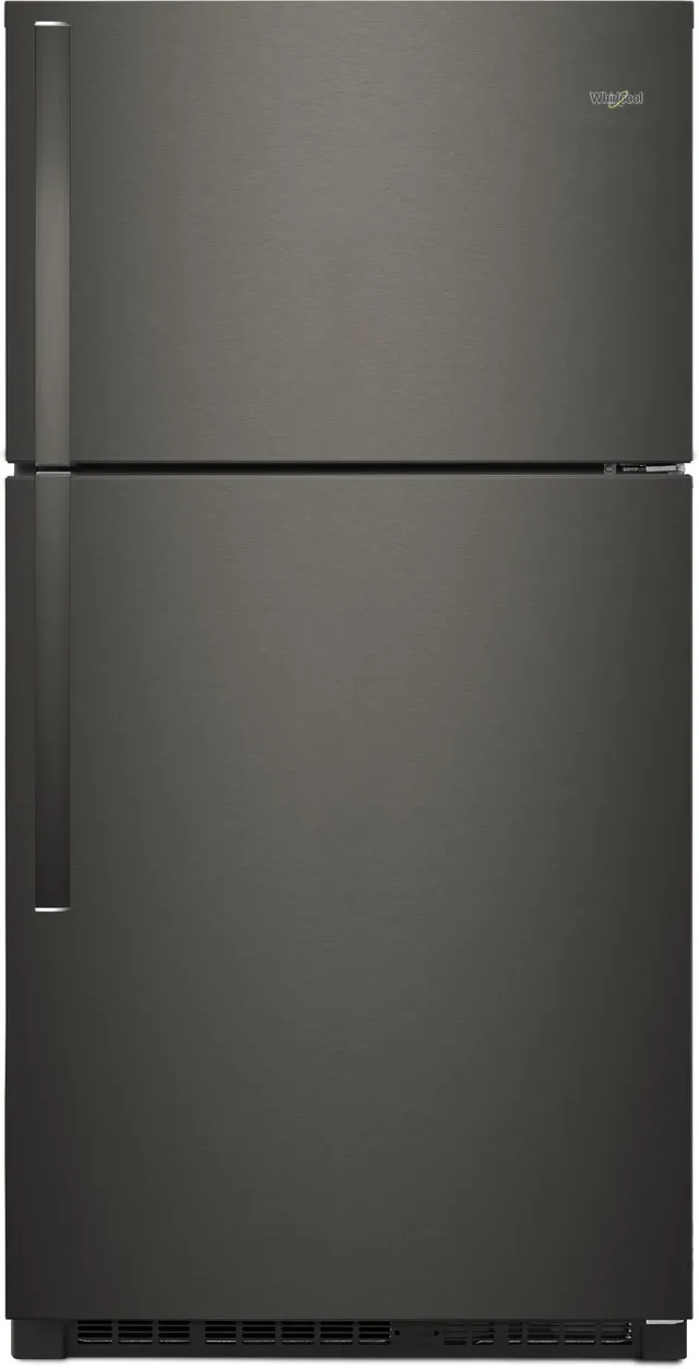 Front view of the Whirlpool WRT541SZHV black stainless top freezer refrigerator 