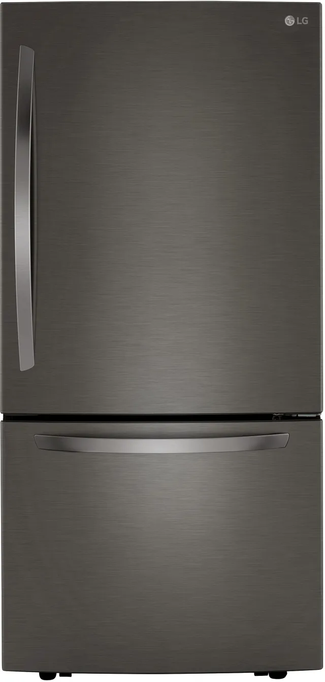 Front view of the LG LRDCS2603D black stainless steel bottom freezer refrigerator 
