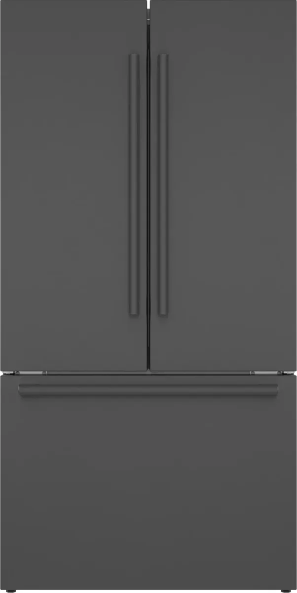 Front view of the Bosch 800 Series B36CT80SNB black stainless steel French door refrigerator 