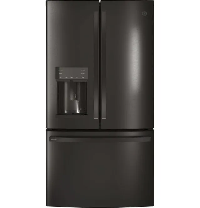 Front view of the GE Profile PFE28KBLTS black stainless French door refrigerator 