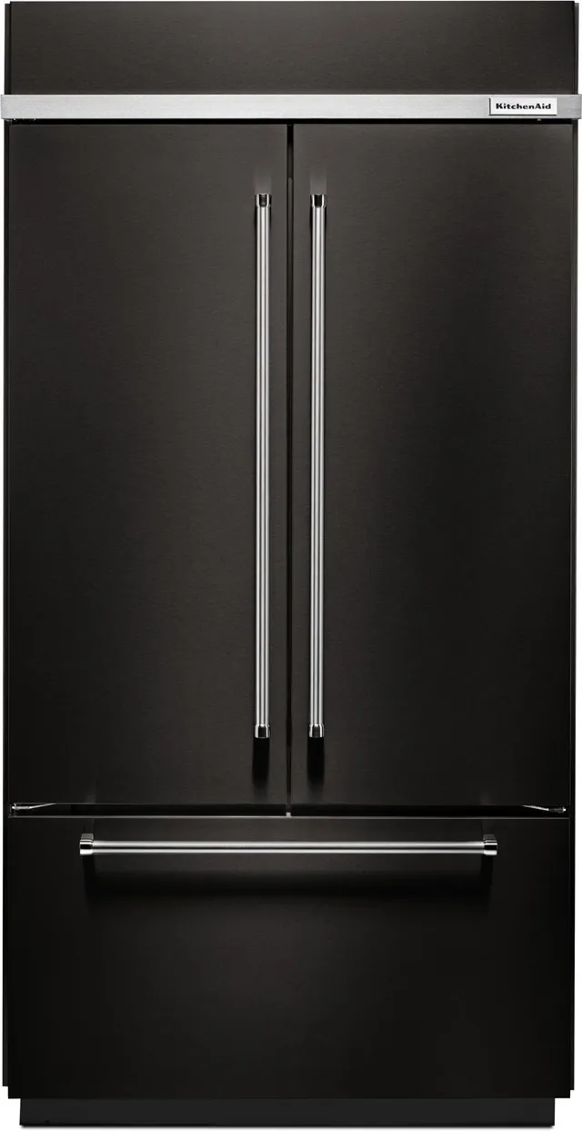 Front view of the KitchenAid KBFN502EBS black stainless built-in refrigerator 