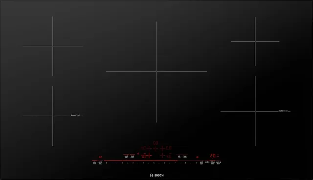 Overhead view of the Bosch 800 Series NIT8660UC 36” induction cooktop 