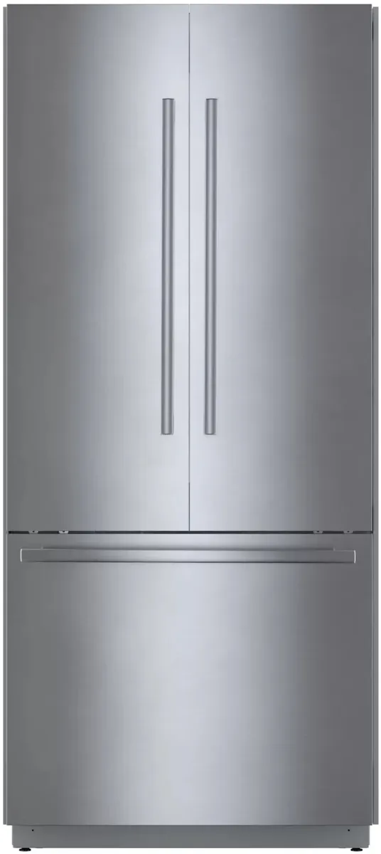 Front view of the Bosch Benchmark B36BT935NS built-in French door refrigerator 