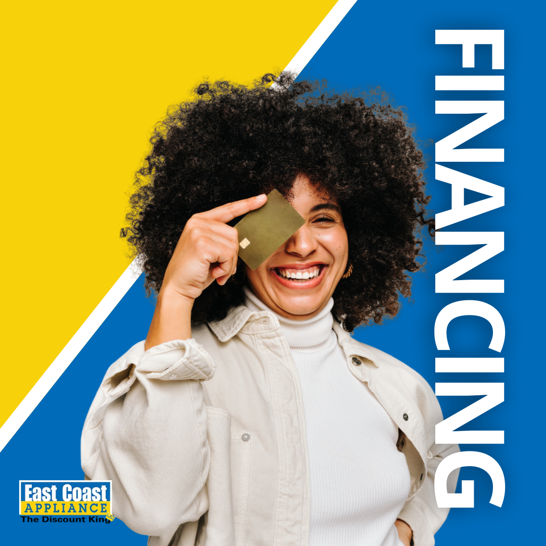 A woman smiling and holding a credit card against a blue and yellow background that says financing 