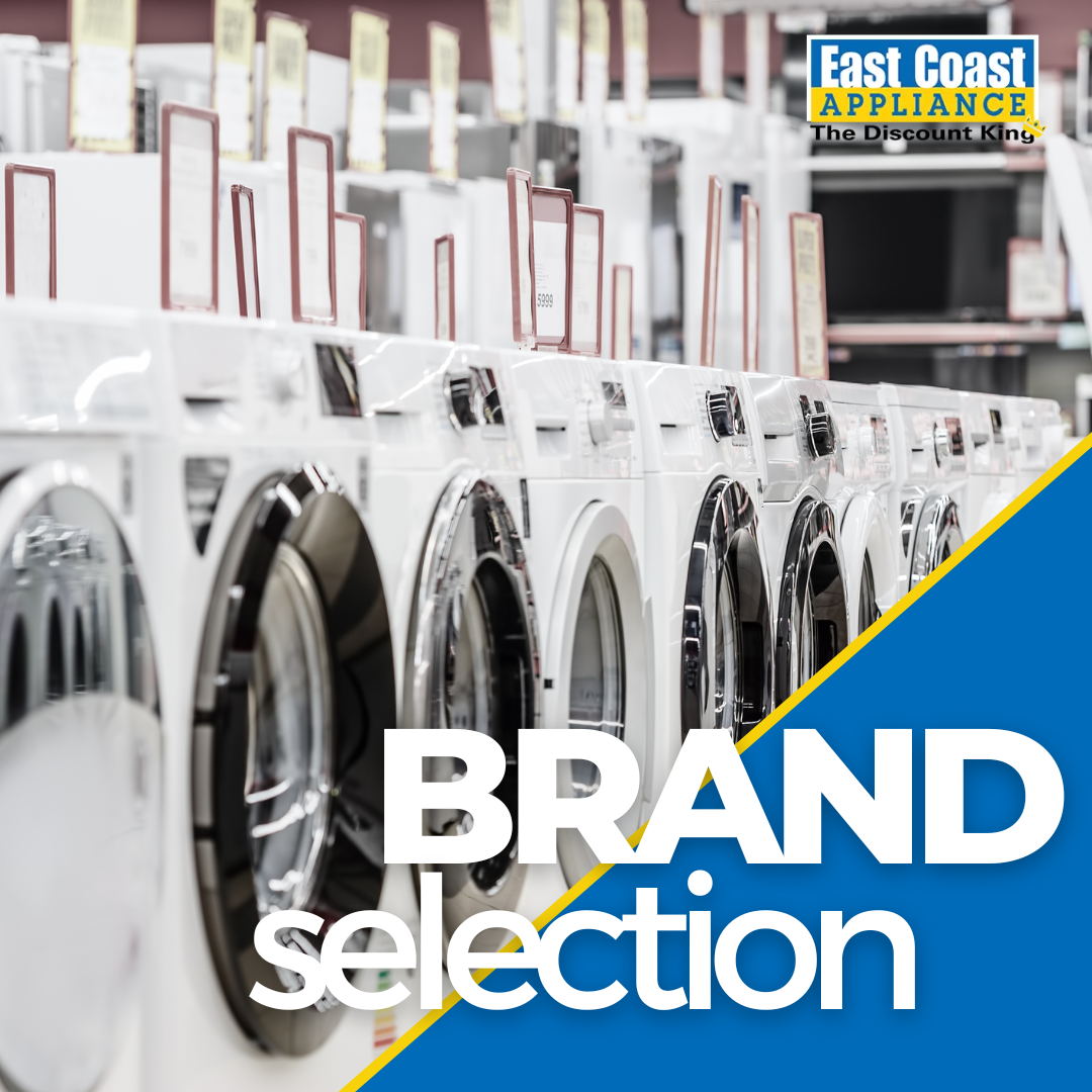 A selection of front load washers in a background against a graphic that says Brand Selection 
