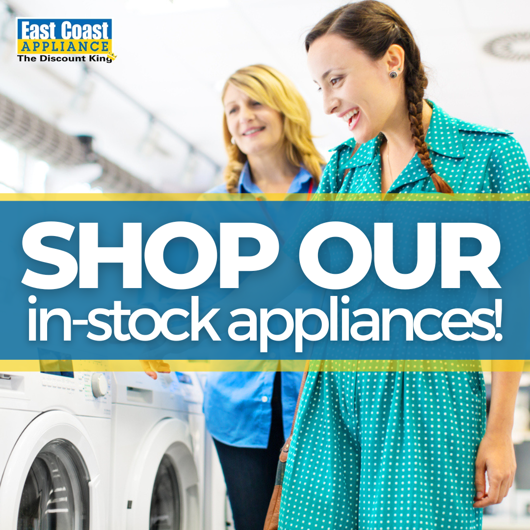  Two woman smiling while shopping for washers in the background of graphic saying Shop Our in-stock appliances! 