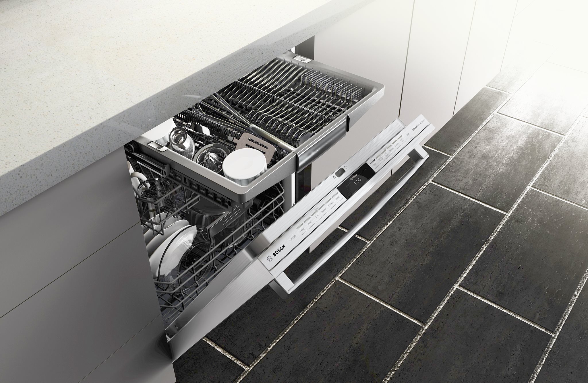A Bosch dishwasher fully loaded 