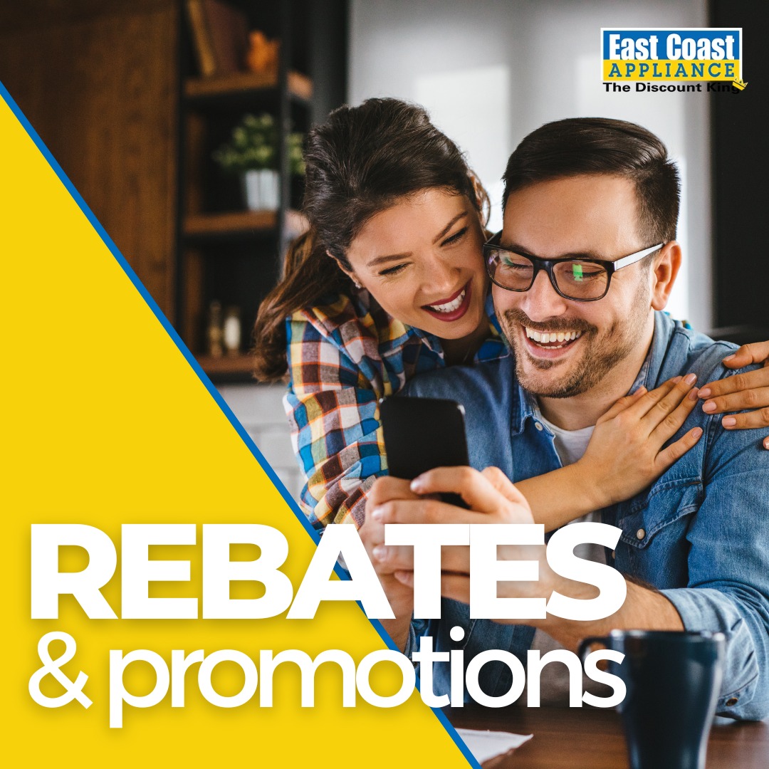 A man and a woman smiling in the background of a graphic for rebates and promotions at East Coast Appliance