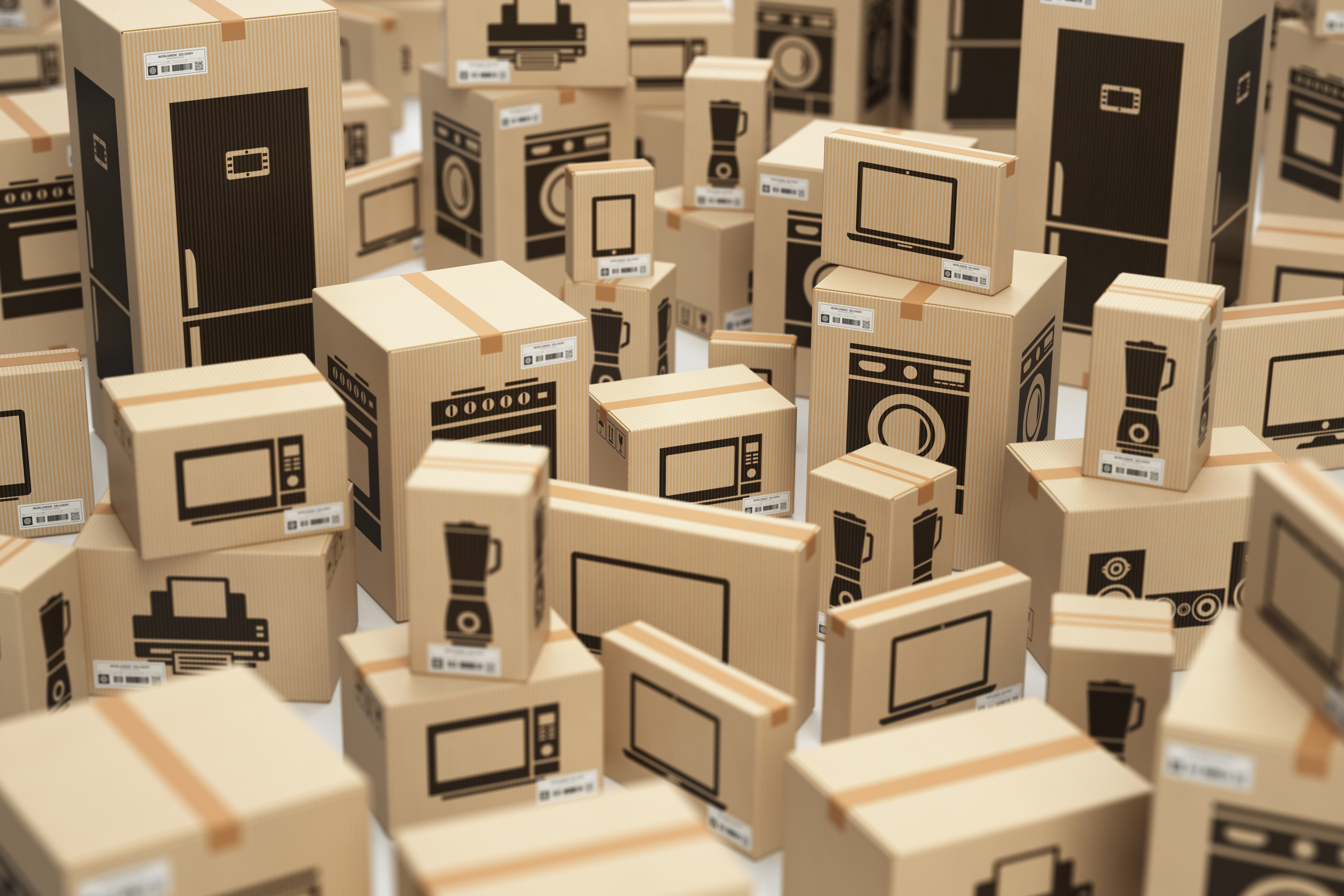 A graphic of a variety of appliances in their manufacturer boxes 