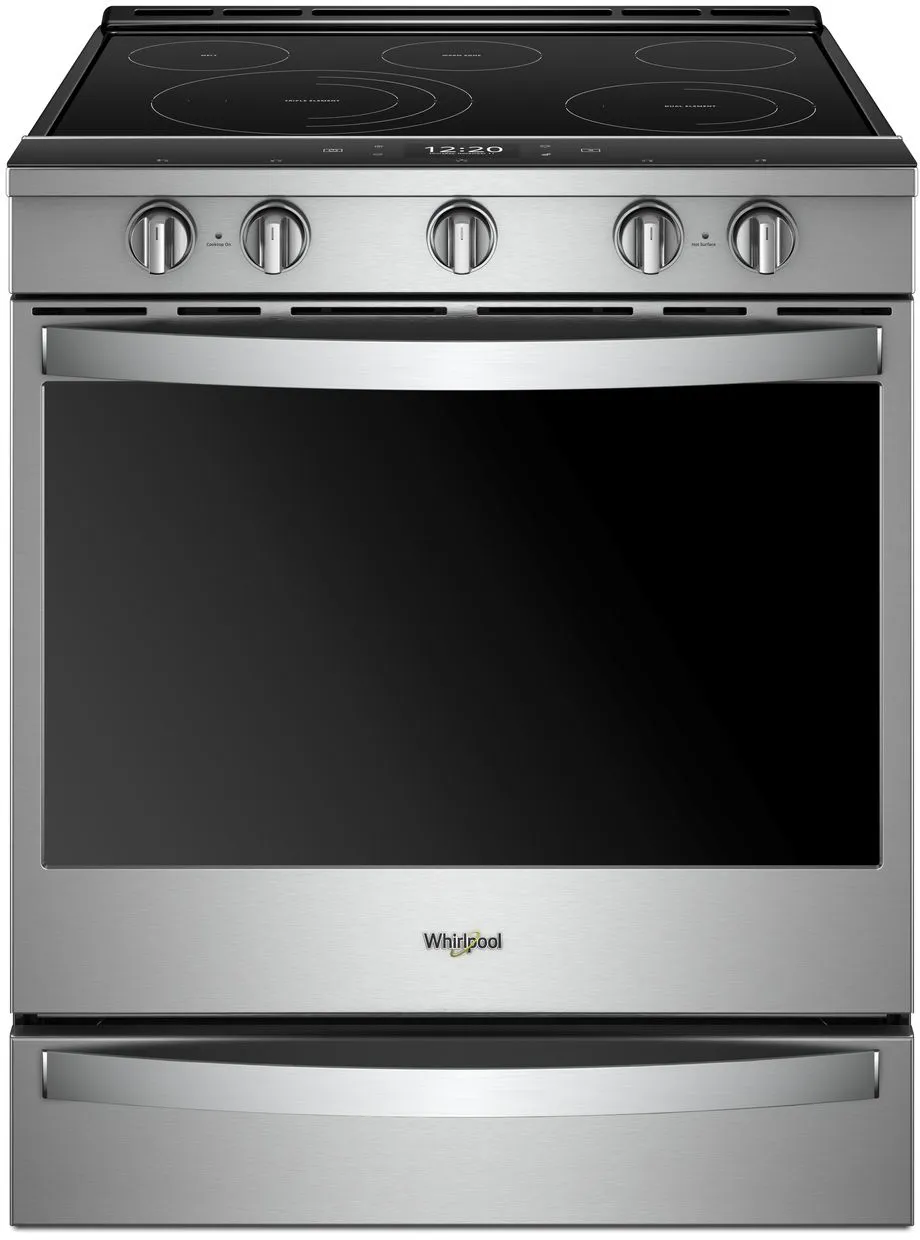 Front view of the Whirlpool WEE750H0HZ electric range 
