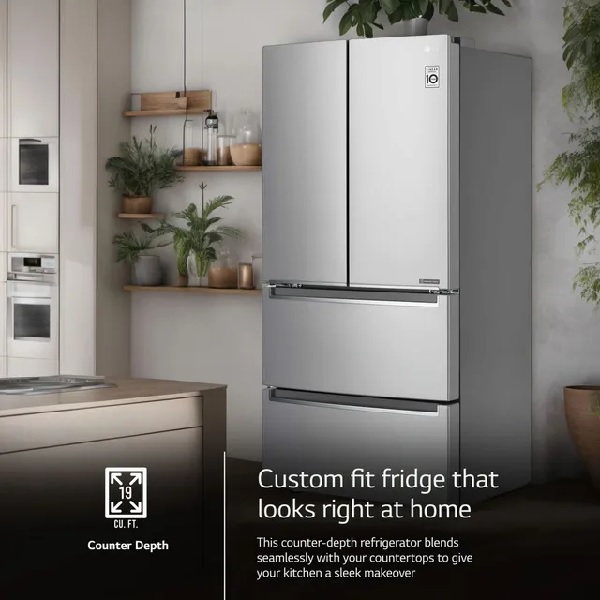 The LG LRMNC1803S counter depth refrigerator in the background of a graphic display