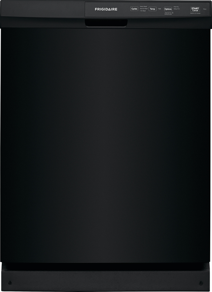 Optimized filename: east-coast-frigidaire-FFCD2413UB-dishwasher Alt. text: Front view of Frigidaire FFCD2413UB dishwasher in black finish 