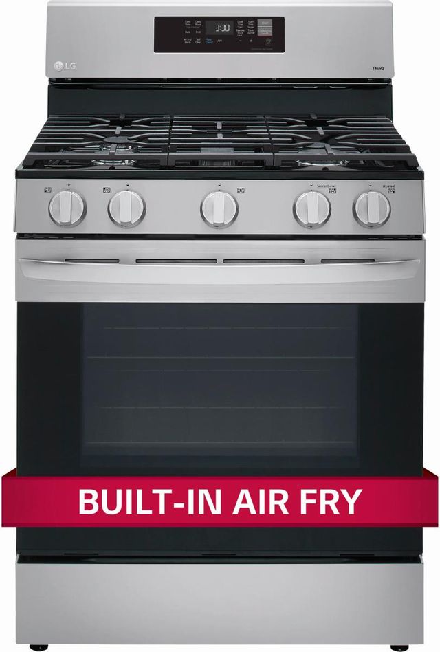 Stock photo of a black and stainless steel LG brand gas powered range.