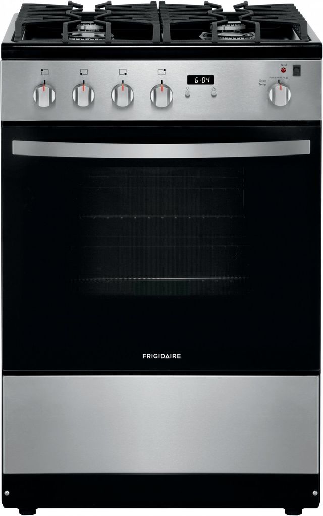 Stock photo of a Frigidaire brand gas powered range with no back panel. 