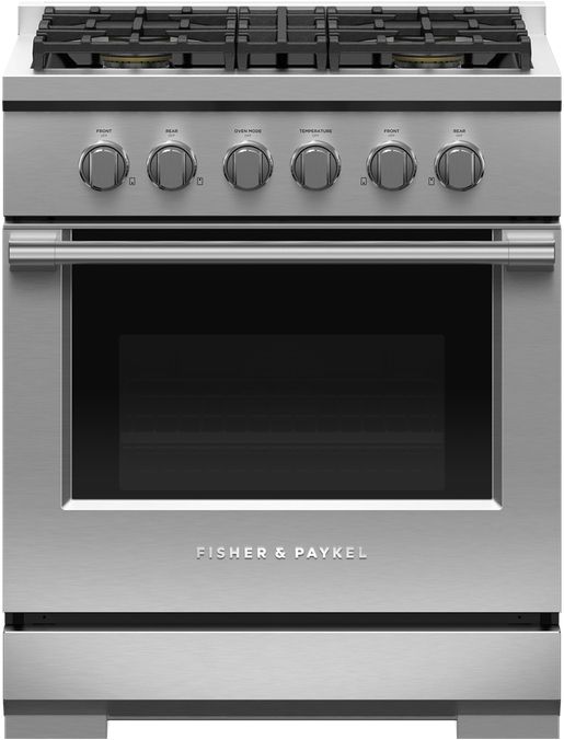 Stock photo of a stainless steel Fisher & Paykel brand gas range with large front handle. 