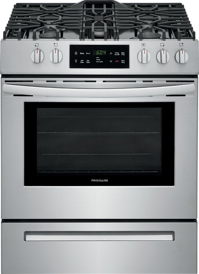 Stock photo of a stainless steel Frigidaire brand gas range. 