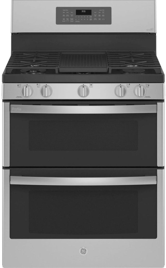 Stock photo of a stainless steel GE Profile brand gas range with dual ovens.  