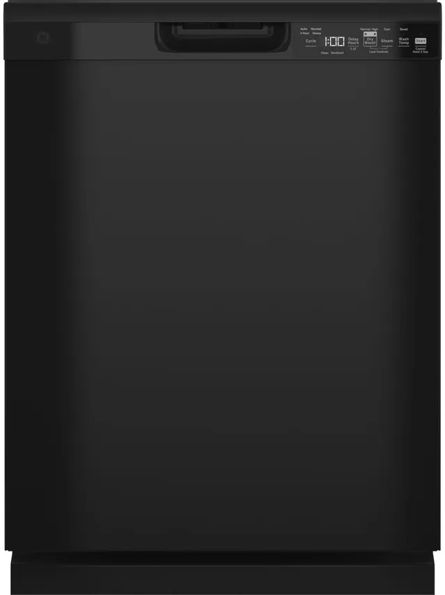 Front view of GE GDF550PGRBB black pocket handle dishwasher 
