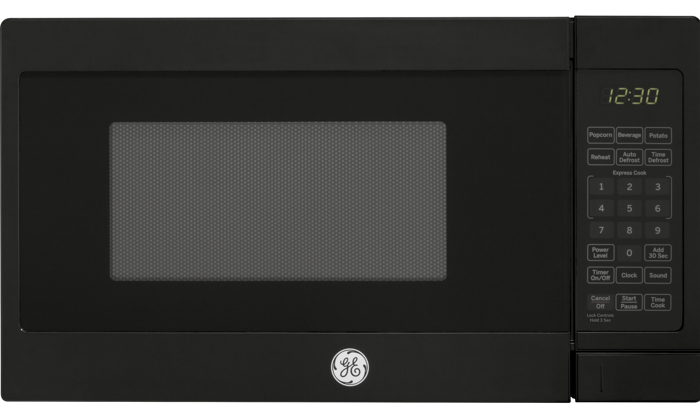 Front view of GE JES1072DMBB over the range microwave 