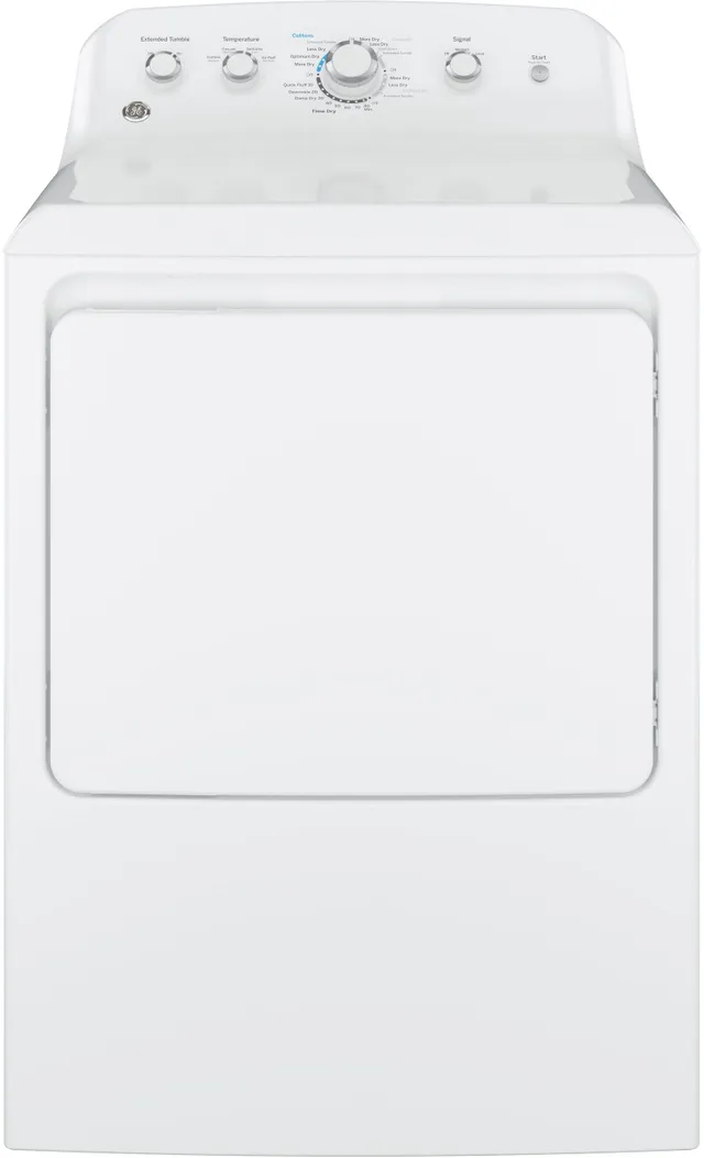 Front view of the GE GTD42EASJWW electric dryer 