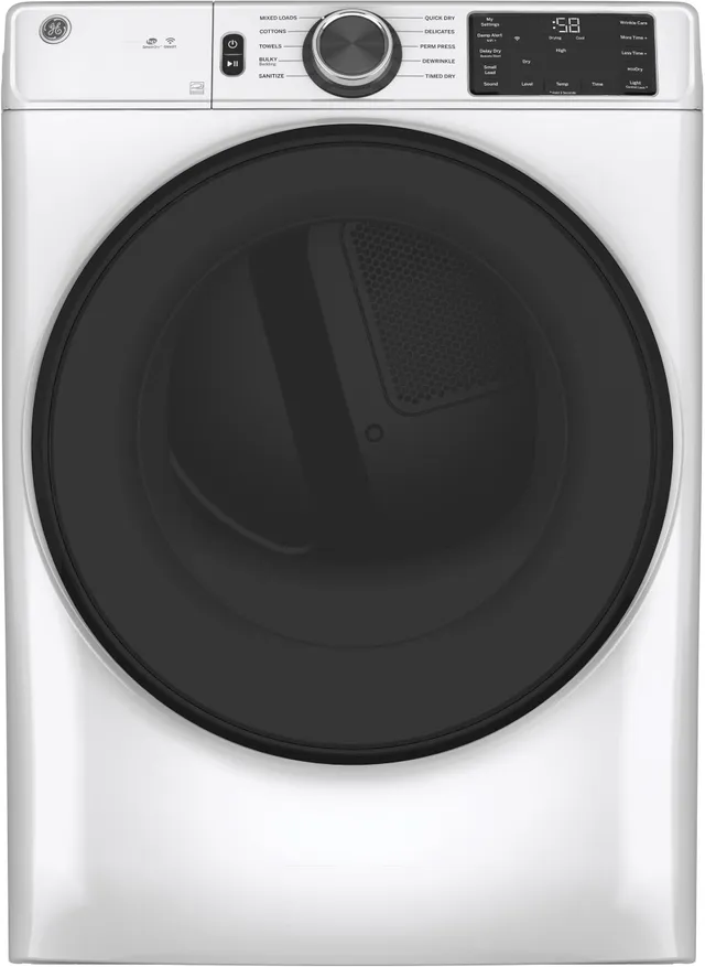 Front view of the GE GFD55ESSNWW front load dryer 