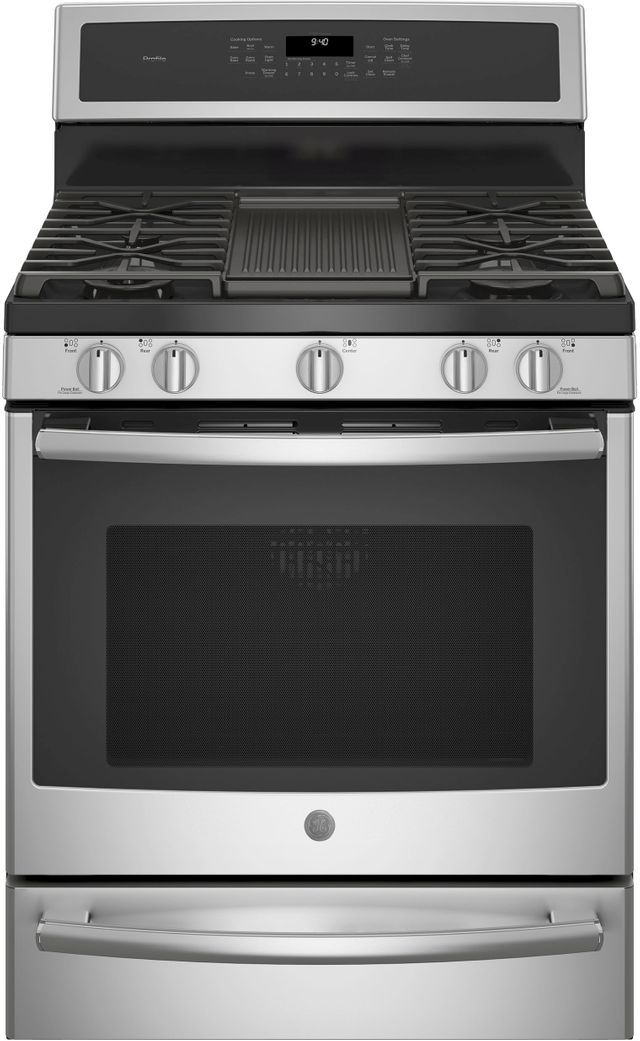 Stock image of a stainless steel GE Profile brand gas range with digital display above cooktop