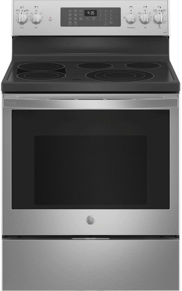 Stock image of a stainless steel GE Profile brand electric range with digital display and knobs above cooktop.