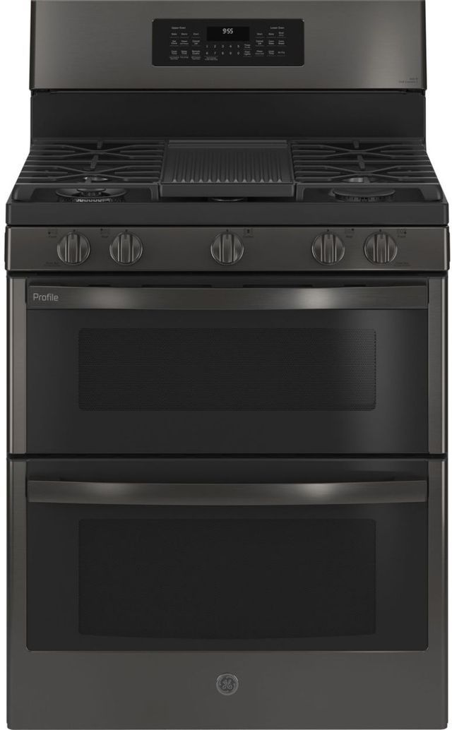 Stock image of a black stainless steel GE Profile brand gas range with digital display above cooktop and two ovens.