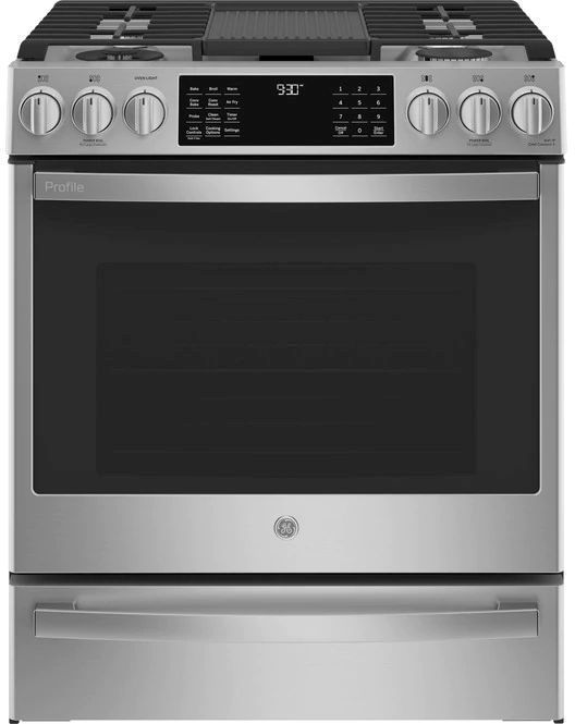 Stock image of a stainless steel GE Profile brand gas range with digital display below cooktop and an oven with drawer beneath. 