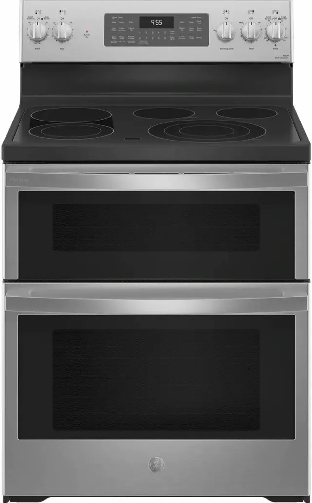 Stock image of a stainless steel GE Profile brand electric range with digital display above cooktop and two ovens.