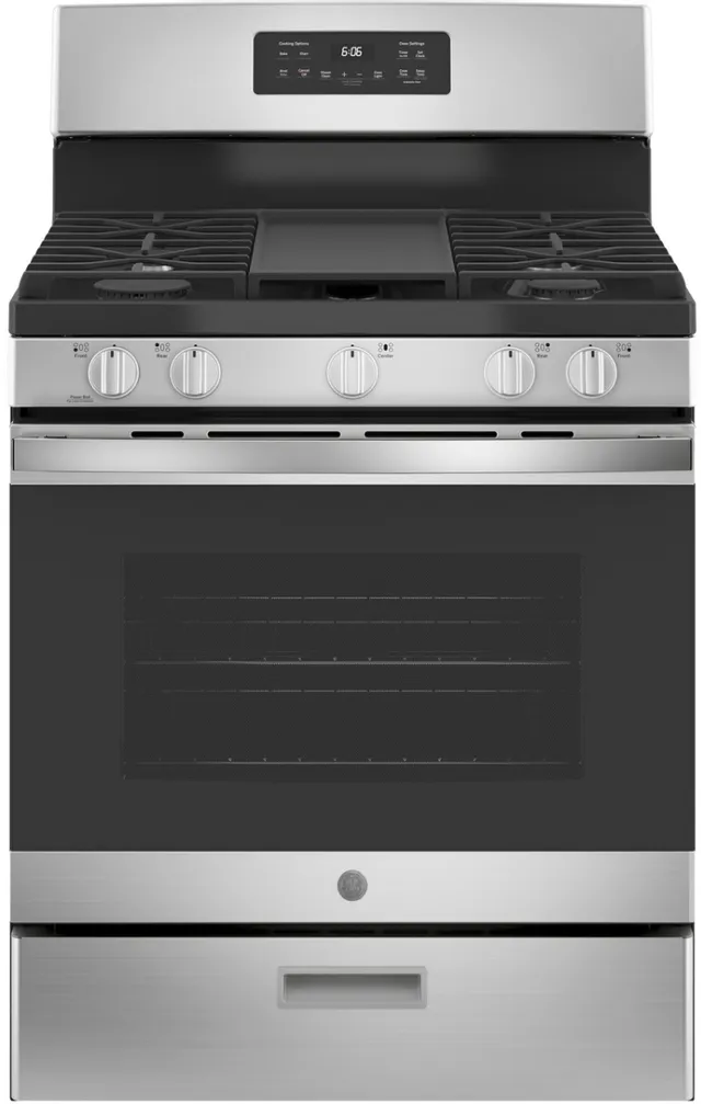 Front view of the GE JGBS66REKSS gas range 