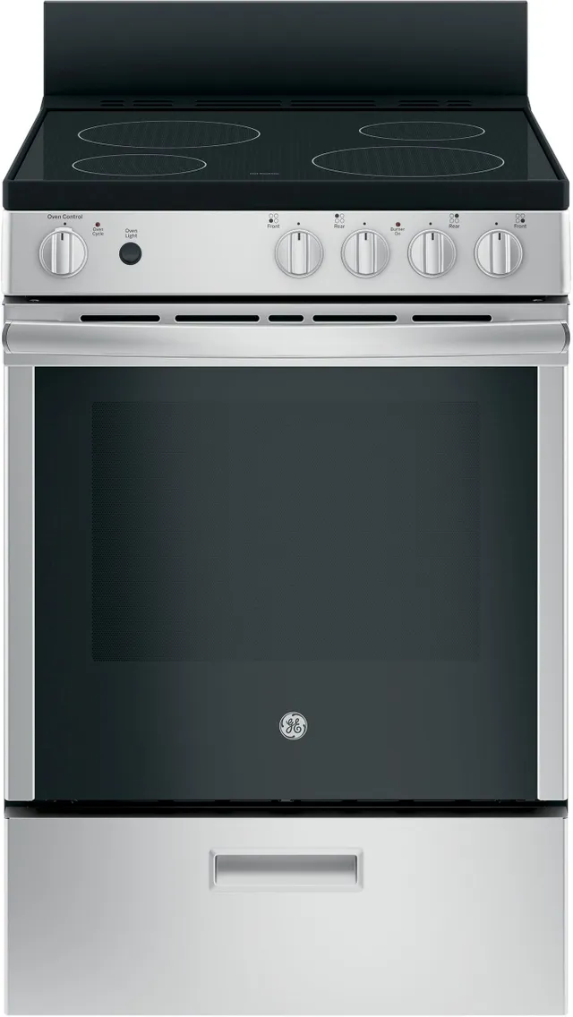 Front view of the GE JAS640RMSS 24” electric range 
