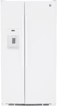 Front view of the GE GSE25GGPWW side by side refrigerator 