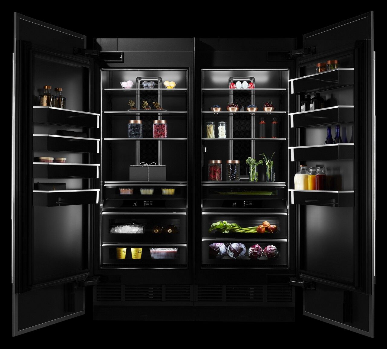 The JennAir jbrfr30igx side by side refrigerator show with its doors open with contents 